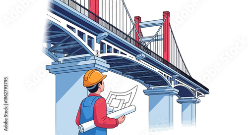 Construction worker inspecting large bridge blueprint.