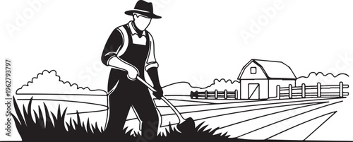 Farmer working in field with barn and fence background