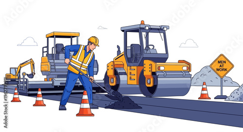 Construction worker operating heavy machinery on road repair site.
