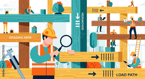 Construction worker inspecting wooden beam with magnifying glass.