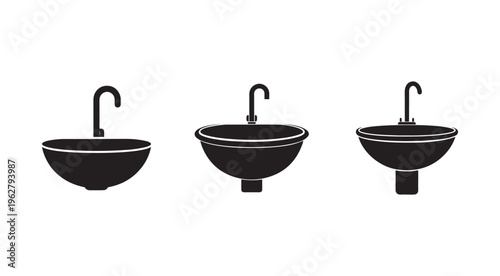Three modern bathroom sinks with different faucet designs and mounting styles  sleek black silhouettes on white background