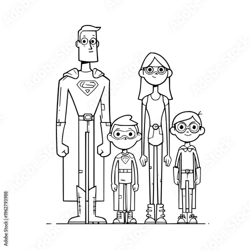 Cartoon superhero family of four standing together in a line smiling and looking forward black and white line drawing simple comic style colorful potential family values