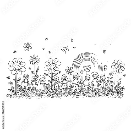 Children standing in a field of flowers with a rainbow and butterflies happy kids in a meadow with blossoming flowers and insects flying around joyful scene with people and nature