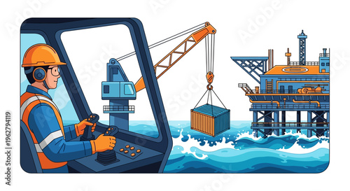 Crane Operator Working on Offshore Platform.