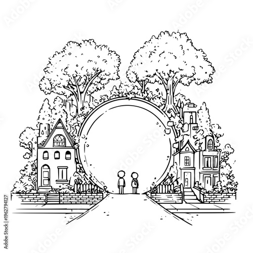 Black and white illustration of two people standing before a large archway between two houses with trees on either side pathway leading to empty circle