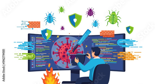 Cybersecurity expert analyzing computer virus threat on screen.