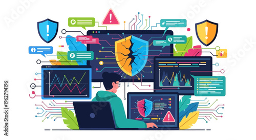 Cybersecurity expert monitoring digital threats on multiple screens.