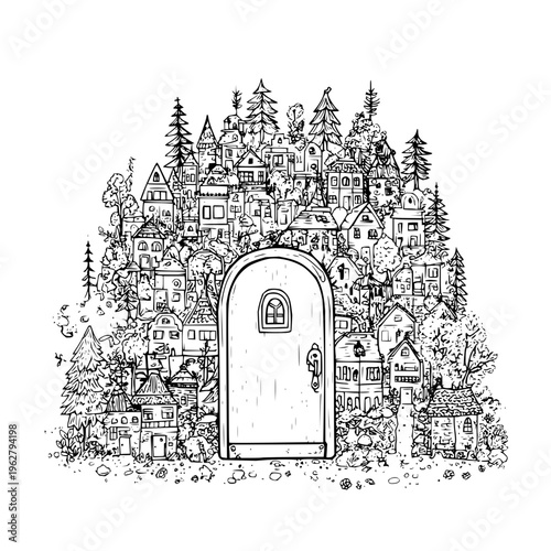 Whimsical village nestled behind a large arched door surrounded by trees and houses in a fantastical landscape