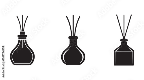 Three reed diffusers in various shapes and sizes with sticks on white background for home fragrance and aromatherapy  simple black silhouettes
