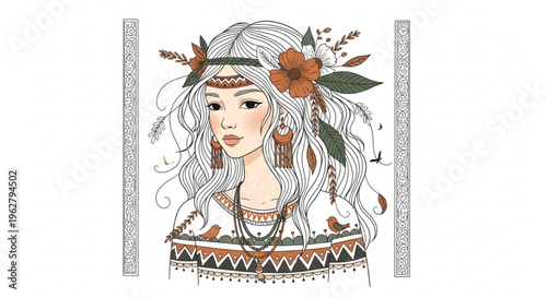 Bohemian woman with long white hair and floral headband adorned in tribal inspired clothing and jewelry exuding a free spirited and artistic vibe perfect for creative projects