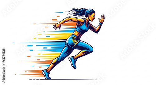 Woman in blue sportswear running fast with motion blur background conveying speed and energy