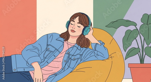 Woman relaxing on yellow bean bag chair with headphones listening to music in colorful room with plant