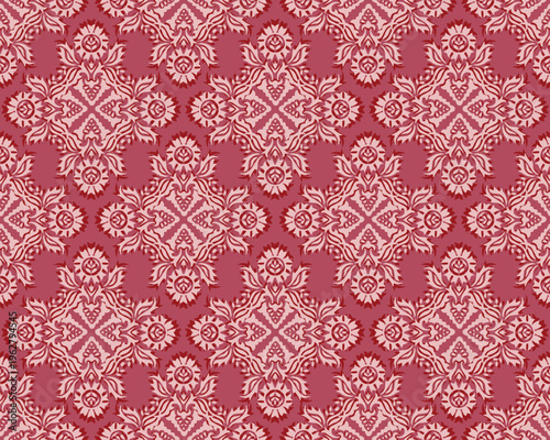 Elegant damask pattern in deep red and soft pink tones, featuring a seamless repeating design with a symmetrical layout across the entire image. 