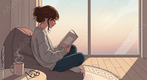 Woman relaxing with book and coffee by window at sunrise or sunset in cozy home environment