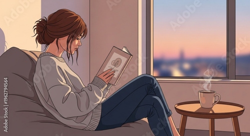 Woman relaxing on couch reading book with steaming cup of coffee at sunset