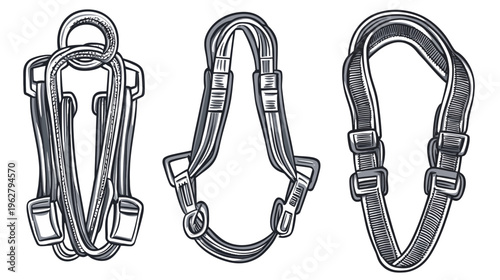 Three stylized depictions of climbing harnesses, rendered in black and white with varying designs