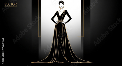 Elegant woman in black evening gown with gold lines standing confidently in a dark room with a bright background