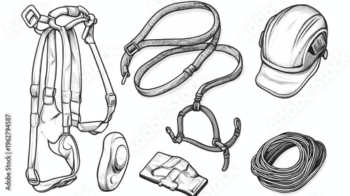 A black and white illustration of work-related safety gear, including harnesses and a hard hat
