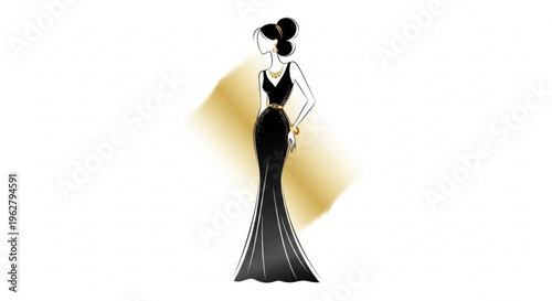 Elegant woman in black evening gown with gold background formal dress illustration