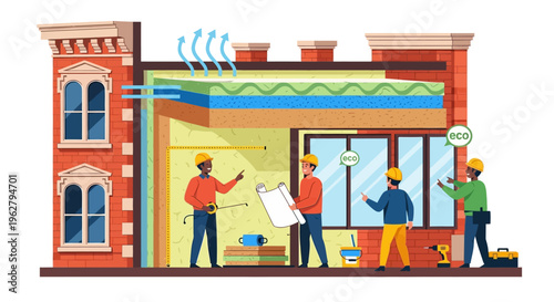 Construction workers building eco-friendly house with insulation layers.