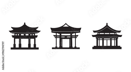 Three traditional Asian pagoda silhouettes with curved roofs and pillars  iconic architectural structures
