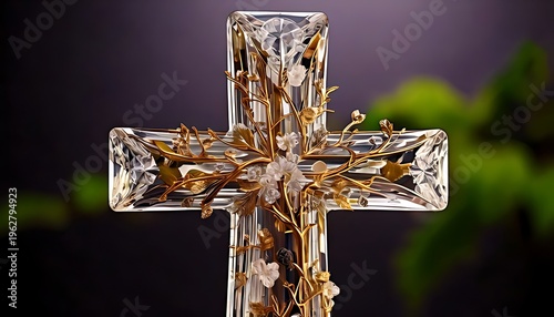 A faceted crystal cross, adorned with golden floral embellishments, stands against a blurred dark background with hints of greenery