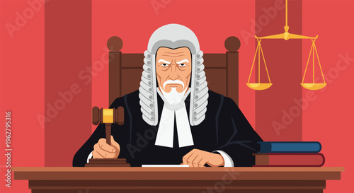 Stern senior judge wearing a traditional wig and black robes sitting at a courtroom desk with a wooden gavel and golden scales of justice.