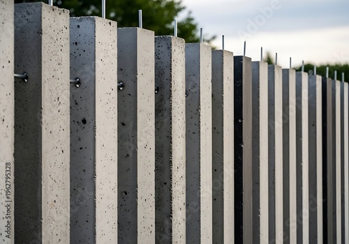 Concrete fence with metal rods and textured surface