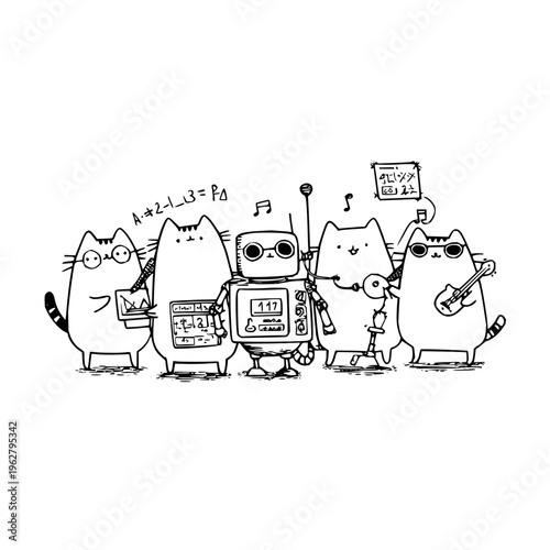Cartoon cats and robot performing music holding gadgets with mathematical equations and music notes