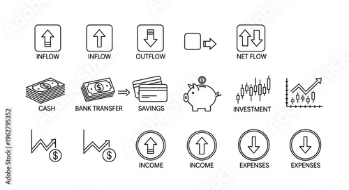 Finance and Accounting Line Icon Set - Money Management, Savings, Investment, and Cash Flow Vector Symbols