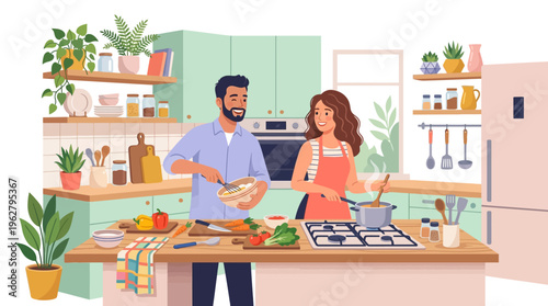 Couple cooking healthy food together in a modern kitchen.