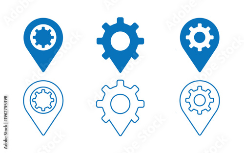 Collection of blue gear icons and location markers on white background