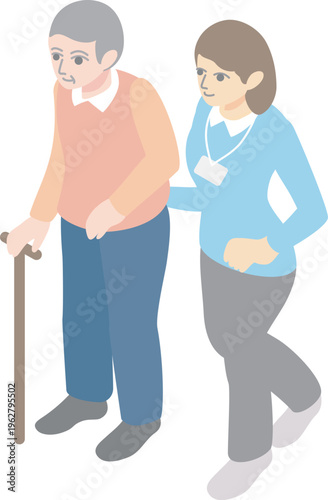 Nursing care concept with female staff supporting a senior lady in isometric style.