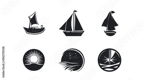 Six monochrome nautical icons sailboats and circular images of sun, waves, and celestial scenes
