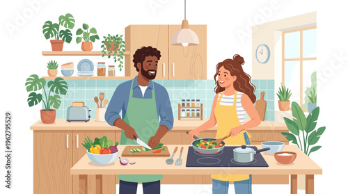 Couple Cooking Together Healthy Food in Kitchen.