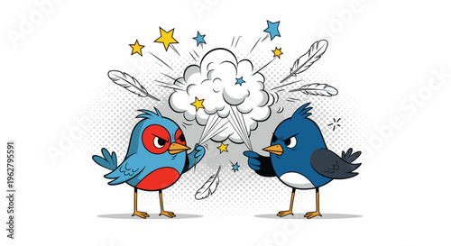 Two angry blue birds fighting and arguing with each other in a comic book style explosion of feathers, clouds, and golden star symbols.