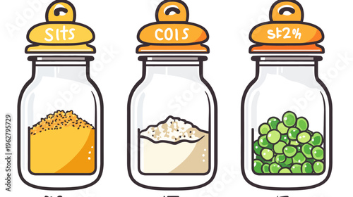 Three illustrated jars, each holding a different food ingredient corn, peas, and a yellow powder