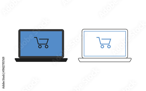 Vector illustration of two laptop computers with shopping cart icons on screen isolated on white background
