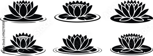 Set of Minimalist black water lily shapla floating on water silhouette vector icon