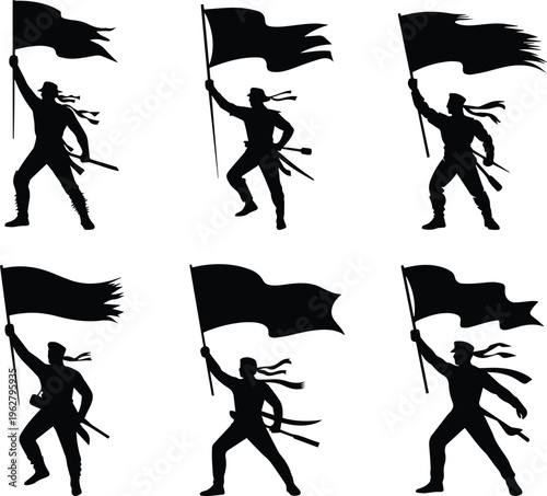 Set of Minimalist black freedom fighter with a flag silhouette vector icon