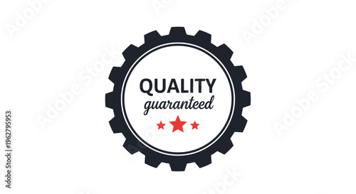 Round black and white gear icon containing the text Quality Guaranteed with three small red stars below to signify high product standards.