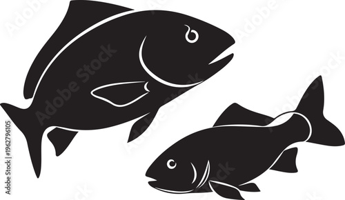Two black fish swimming together in white background illustration