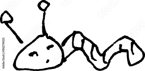Simple monochrome pen line drawing of an inchworm with a face in doodle style