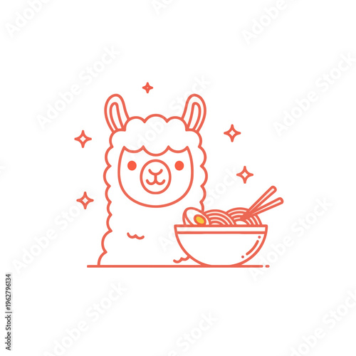 Fotografie Cute Llama Eating Ramen Noodles Illustration
