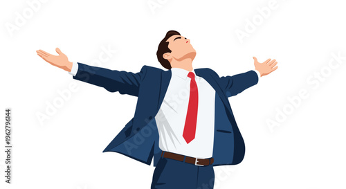 Successful businessman in a blue suit and red tie standing with arms outstretched and eyes closed feeling a sense of freedom and achievement.