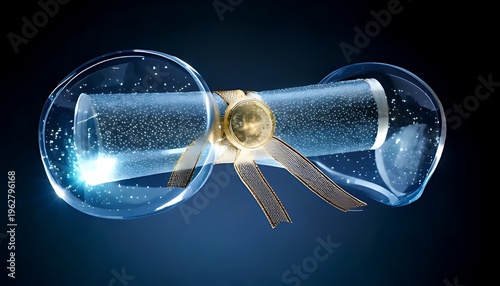 A glowing scroll tied with a ribbon, encased in two clear spheres, floats against a gradient blue backdrop