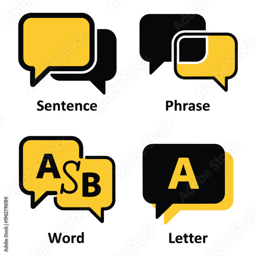Vector art of four yellow and black icons illustrating sentence, phrase, word, and letter