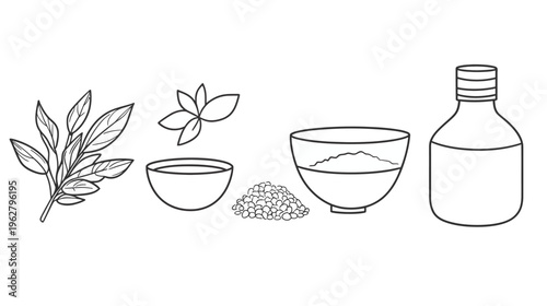 Black and white line art featuring leaves, bowls with contents, and a bottle
