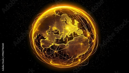 A golden, glowing digital Earth with connecting lines, set against a dark, starry background. The continents are illuminated