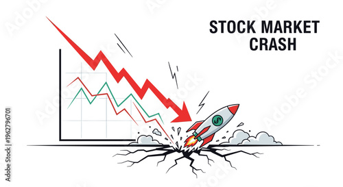 Stock market crash concept featuring a red arrow pointing down and a rocket crashing into the ground representing financial economic failure.